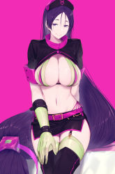 Rule 34 | 1girl, absurdly long hair, absurdres, bikini, blush, boots, breasts, cleavage, cosplay, fate/grand order, fate (series), florence nightingale (fate), florence nightingale (fate) (cosplay), florence nightingale (trick or treatment) (fate), florence nightingale (trick or treatment) (fate) (cosplay), gloves, green bikini, green gloves, green thighhighs, hat, highres, kurogiri, large breasts, layered bikini, long hair, looking at viewer, low-tied long hair, magenta background, minamoto no raikou (fate), navel, official alternate costume, parted bangs, pink background, purple eyes, purple hair, revealing clothes, seductive smile, shrug (clothing), simple background, skirt, smile, solo, swimsuit, thighhighs, very long hair