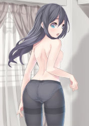 Rule 34 | 1girl, ass, back, bad id, bad pixiv id, black hair, black pantyhose, blue eyes, breasts, crotch seam, dimples of venus, long hair, looking at viewer, looking back, original, panties, panties under pantyhose, pantyhose, ray-akila, ray littlechamber, small breasts, solo, thighband pantyhose, topless, underwear, white panties
