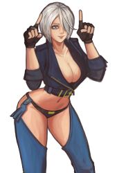 Rule 34 | 1girl, absurdres, angel (kof), blue eyes, breasts, cleavage, fingerless gloves, gloves, grey hair, hair over one eye, highres, index fingers raised, large breasts, leaning forward, legs, looking at viewer, midriff, navel, short hair, smile, snk, the king of fighters, thighs