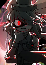 Rule 34 | 1girl, absurdres, animal ears, crack, cracked glass, green hair, hat, highres, mad rat dead, mouse (animal), mouse ears, mouse girl, nippon ichi, ominous shadow, rat god, red eyes, tie clip, top hat, wrist cuffs