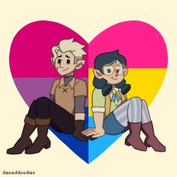Rule 34 | 1boy, 1girl, artist name, bisexual flag, bisexual male, blonde hair, commentary, dazeddoodles, english commentary, glasses, gloves, highres, holding hands, hunter (the owl house), notched ear, pansexual flag, pointy ears, round eyewear, scar, scar on face, short hair, simple background, smile, the owl house, willow park