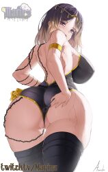 Rule 34 | 1girl, absurdres, amidasketchbook, ass, ass focus, ass grab, back, bare shoulders, black hair, blush, braid, breasts, brown hair, cameltoe, gold, grabbing own ass, gradient hair, highres, indie virtual youtuber, large breasts, looking back, makeup, marina (vtuber), mouthless, multicolored hair, purple eyes, runny makeup, signature, spikes, veins, virtual youtuber, white background