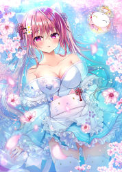 Rule 34 | 1girl, afloat, animal, animal ear legwear, apron, blue kimono, blue skirt, blush, breasts, cat, cat ear legwear, commentary request, flower, frilled apron, frilled skirt, frills, hair between eyes, hair flower, hair ornament, hairclip, highres, japanese clothes, kimono, long hair, long sleeves, looking at viewer, lying, medium breasts, off shoulder, on back, original, parted lips, pink flower, purple eyes, red hair, shiwasu horio, skirt, solo, thighhighs, twintails, very long hair, waist apron, white apron, white flower, white thighhighs