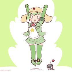Rule 34 | 1girl, arms up, bow, bowtie, coroha, elbow gloves, full body, gloves, green background, green hair, hat, jacket, jumping, kemono friends, kemono friends 3, keroro (kemono friends), keroro gunsou, looking at viewer, multicolored hair, shirt, shoes, short hair, shorts, simple background, solo, star (symbol), thighhighs, two-tone hair, weapon, white hair