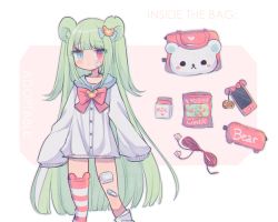 Rule 34 | 1girl, aliceyawnin, animal ear legwear, bad id, bad tumblr id, bag, bandaid, bandaid on cheek, bandaid on face, blunt bangs, blush, bow, cellphone, commentary, english commentary, feet out of frame, green hair, heterochromia, long hair, looking at viewer, milk carton, original, phone, sleeves past wrists, solo, standing, striped clothes, striped thighhighs, sweater, thighhighs, two side up, very long hair