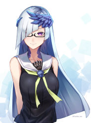 Rule 34 | 1girl, arms behind back, bad id, bad pixiv id, bare shoulders, black-framed eyewear, black dress, blue hair, blue wings, blush, breasts, brynhildr (fate), closed mouth, collarbone, dress, fate/prototype, fate/prototype: fragments of blue and silver, fate (series), feathered wings, glasses, green neckwear, hair over one eye, head wings, highres, long hair, looking at viewer, purple eyes, sailor collar, sailor dress, semi-rimless eyewear, sleeveless, sleeveless dress, small breasts, smile, solo, twitter username, under-rim eyewear, very long hair, white background, white sailor collar, wings, yukihama