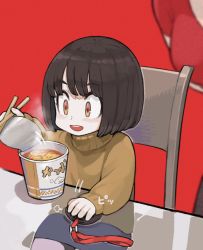 Rule 34 | 2girls, puff of air, big sister (navigavi), breasts, brown hair, child, chopsticks, commentary request, cup ramen, focused, food, glass table, holding, holding chopsticks, jun (navigavi), kamaboko, leaning forward, little sister (navigavi), multiple girls, narutomaki, noodles, opening, original, out of frame, pantyhose, ramen, red background, short hair, siblings, sisters, sitting, skirt, smile, steam, stopwatch, sweater, table, watch