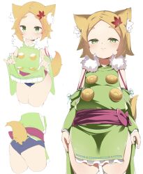 Rule 34 | 1girl, animal ear fluff, animal ears, ass, closed mouth, commentary, cropped legs, detached sleeves, forehead, fox ears, fox girl, fox tail, green kimono, green sleeves, grin, hair ornament, highres, japanese clothes, kimono, kogitsunemaru (tenka hyakken), leaf hair ornament, lifted by self, long sleeves, lyanon, multiple views, parted bangs, short eyebrows, simple background, sleeves past wrists, smile, symbol-only commentary, tail, tenka hyakken, thick eyebrows, thighhighs, white background, white thighhighs, wide sleeves