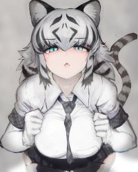Rule 34 | 1girl, absurdres, animal ear fluff, animal ears, aqua eyes, between breasts, black hair, black skirt, breast pocket, breasts, breasts squeezed together, cat girl, chestnut mouth, cowboy shot, elbow gloves, fang, gloves, grey hair, hair between eyes, half-closed eyes, hands up, highres, kemono friends, large breasts, leaning forward, looking at viewer, medium hair, microskirt, multicolored hair, necktie, necktie between breasts, parted lips, plaid necktie, plaid neckwear, plaid sleeves, plaid trim, pleated skirt, pocket, shibori kasu, shirt, short sleeves, skirt, solo, streaked hair, tail, thighhighs, tiger ears, tiger girl, tiger tail, two-tone hair, white shirt, white tiger (kemono friends), zettai ryouiki