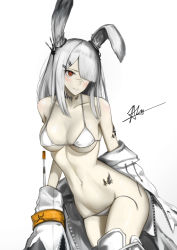 Rule 34 | 1girl, animal ears, arknights, bare shoulders, bikini, blush, breasts, chaciooh, cleavage, closed mouth, collarbone, commentary request, cowboy shot, frostnova (arknights), groin, hair ornament, hair over one eye, hairclip, highres, jacket, large breasts, long hair, looking at viewer, navel, off-shoulder jacket, off shoulder, open bikini, open clothes, pale skin, rabbit ears, rabbit girl, red eyes, revision, scar, silver hair, simple background, solo, stomach, string bikini, swimsuit, thighhighs, white background, white bikini, white jacket, white thighhighs