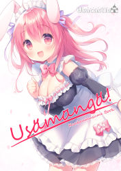 Rule 34 | 1girl, :d, animal ears, apron, black dress, blush, bow, breasts, cherry blossoms, cleavage, clenched hand, cover, cover page, cowboy shot, detached sleeves, dress, frilled apron, frills, hair between eyes, hand up, highres, juliet sleeves, large breasts, long hair, long sleeves, looking at viewer, maid, maid headdress, open mouth, original, petals, pink bow, puffy sleeves, purple ribbon, rabbit ears, red eyes, red hair, ribbon, sakura (usashiro mani), sleeveless, sleeveless dress, smile, solo, two side up, usashiro mani, very long hair, white apron, white background