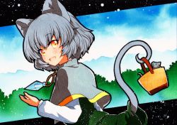 Rule 34 | adapted costume, animal ears, bad id, bad twitter id, basket, blue background, capelet, crystal, dress, green background, grey dress, grey hair, grey skirt, grey vest, jewelry, long sleeves, mouse (animal), mouse ears, mouse girl, mouse tail, nazrin, pendant, qqqrinkappp, ribbon-trimmed skirt, ribbon trim, shirt, short hair, skirt, solo, tail, touhou, traditional media, vest, white capelet, white shirt
