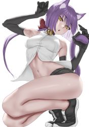 Rule 34 | 1girl, animal ears, bare shoulders, bell, blunt ends, breasts, cat ears, cat girl, cat tail, elbow gloves, gloves, looking at viewer, navel, neck bell, open mouth, original, purple hair, shoes, short shorts, shorts, simple background, sleeveless, small breasts, solo, tail, tomiokasena, tongue, white background, yellow eyes