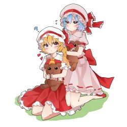 Rule 34 | 2girls, :o, ?, ascot, back bow, blonde hair, blue hair, blush, bow, closed mouth, doko ni demo iru bakana shojo, flandre scarlet, flying sweatdrops, frilled ribbon, frilled shirt, frilled shirt collar, frilled skirt, frilled sleeves, frills, hair between eyes, hat, hat ribbon, highres, holding, holding stuffed toy, looking at viewer, medium hair, mob cap, multiple girls, open mouth, pink headwear, pink shirt, pink skirt, puffy short sleeves, puffy sleeves, purple eyes, red bow, red eyes, red footwear, red ribbon, red skirt, red vest, remilia scarlet, ribbon, ribbon-trimmed skirt, ribbon trim, shirt, short hair, short sleeves, siblings, side ponytail, simple background, sisters, skirt, skirt set, stuffed animal, stuffed toy, sweatdrop, teddy bear, touhou, vest, white background, white headwear, white shirt, yellow ascot