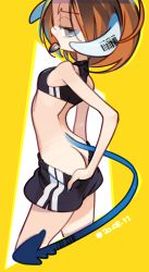 Rule 34 | 1girl, amiami, ass, breasts, brown hair, butt crack, clothes pull, dated, demon tail, female focus, highres, horns, open mouth, original, profile, short hair, short shorts, shorts, shorts pull, small breasts, solo, sports bra, tail, tongue, tongue out, yellow background