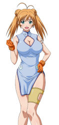 Rule 34 | 1girl, antenna hair, breasts, china dress, chinese clothes, cleavage, cleavage cutout, clothing cutout, dress, earrings, female focus, gloves, ikkitousen, jewelry, large breasts, open mouth, orange gloves, panties, simple background, solo, sonsaku hakufu, twintails, underwear, white background