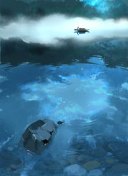 Rule 34 | blue theme, boat, cloud, mugon, original, reflection, rock, scenery, sky, water, watercraft