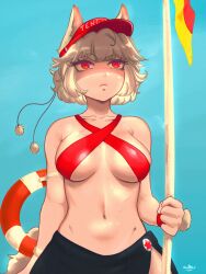 Rule 34 | 1girl, animal ears, black skirt, blue background, breasts, buoy, cleavage, closed mouth, collarbone, commentary, english commentary, hat, highres, inubashiri momiji, large breasts, looking at viewer, navel, pom pom (clothes), ramnik5, red eyes, red hat, shirt, signature, simple background, skirt, solo, touhou, upper body, white shirt, wolf ears, wolf girl