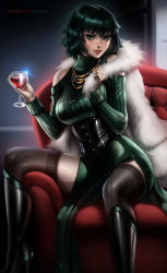 Rule 34 | 1girl, ayya sap, black hair, black thighhighs, breasts, clothing cutout, coat, corset, couch, cup, drinking glass, fubuki (one-punch man), fur coat, glint, green eyes, jewelry, large breasts, looking at viewer, medium hair, nail polish, necklace, one-punch man, pelvic curtain, shoulder cutout, sitting, smile, solo, tagme, thighhighs, turtleneck, v-shaped eyebrows, wine glass
