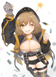 Rule 34 | 1girl, absurdres, anis (nikke), arm up, bandolier, beret, black hat, black jacket, black shorts, black thighhighs, blush, breasts, brown hair, choco hosikawa, cleavage, crop top, fingerless gloves, gloves, goddess of victory: nikke, grey gloves, grey shirt, grin, hat, highres, holding, jacket, large breasts, multicolored clothes, multicolored jacket, navel, one eye closed, shirt, short hair, short shorts, shorts, single fingerless glove, single glove, smile, solo, star (symbol), thigh strap, thighhighs, white background, yellow eyes, yellow jacket