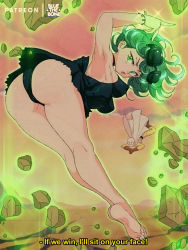 Rule 34 | 1girl, ass, aura, bent, black dress, black footwear, bluethebone, breasts, cleft of venus, commentary, dress, english commentary, floating rock, from behind, glowing, green eyes, green hair, highres, impossible clothes, impossible dress, kneepits, legs, long sleeves, looking at viewer, looking back, man), medium breasts, no panties, one-punch man, open mouth, over, paid reward available, retro artstyle, saitama (one-punch, shoes, side slit, solo focus, sparkle, tatsumaki