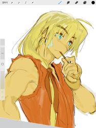 Rule 34 | 1boy, aged down, art program in frame, athanjccgg, bandaid, blonde hair, blush, dougi, eating, eyelashes, food, food in mouth, forked eyebrows, hair over shoulder, highres, huge eyebrows, ken masters, long hair, male focus, pocky, pocky in mouth, solo, street fighter, unfinished, upper body, very long hair
