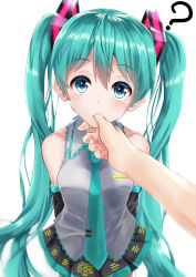 Rule 34 | 1girl, ?, absurdres, aqua eyes, aqua hair, aqua neckwear, arms behind back, bad id, bad pixiv id, bare shoulders, black skirt, black sleeves, collarbone, commentary, cowboy shot, detached sleeves, grey shirt, hair ornament, hand on another&#039;s chin, hatsune miku, head tilt, highres, itogari, long hair, looking at viewer, miniskirt, necktie, pleated skirt, pov, pov hands, shirt, skirt, sleeveless, sleeveless shirt, standing, thighhighs, thumb sucking, thumb to mouth, twintails, very long hair, vocaloid, white background, zettai ryouiki
