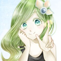 Rule 34 | 1girl, aqua eyes, asymmetrical bangs, bad id, bad pixiv id, black shirt, child, closed mouth, commentary request, final fantasy, final fantasy iv, green hair, hair ornament, hand on own cheek, hand on own face, index finger raised, long hair, looking at viewer, nakarin (naka123na), portrait, rydia (ff4), shirt, sleeveless, sleeveless shirt, smile, solo, two-tone background, wavy hair