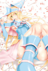 Rule 34 | 1girl, absurdres, bare shoulders, blonde hair, blue dress, blue footwear, blue hat, blush stickers, boots, breasts, calcio, cherry blossoms, dark magician girl, dress, duel monster, gauntlets, green eyes, hat, highres, large breasts, long hair, looking at viewer, lying, on back, pentagram, wizard hat, yu-gi-oh!