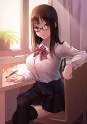Rule 34 | 1girl, absurdres, black thighhighs, blue eyes, bow, bowtie, breasts, brown hair, buttons, chair, collared shirt, crossed legs, curtains, dress shirt, eyebrows, glasses, highres, indoors, kelang, large breasts, long hair, long sleeves, looking at viewer, miniskirt, on chair, original, paper, parted lips, pen, plaid, plaid bow, plaid bowtie, plaid neckwear, plant, pleated skirt, potted plant, red-framed eyewear, red bow, red bowtie, school uniform, shade, shirt, shirt tucked in, sitting, skirt, solo, table, thighhighs, white shirt, window