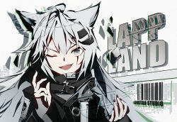 Rule 34 | 1girl, ;d, ahoge, animal ears, arknights, bad id, bad pixiv id, barcode, black coat, black nails, character name, coat, floating rock, grey eyes, grey hair, jacknavy, lappland (arknights), long hair, long sleeves, looking at viewer, messy hair, nail polish, one eye closed, open mouth, scar, scar across eye, scar on face, smile, solo, upper body, wolf ears
