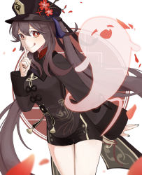 Rule 34 | 1girl, :d, ;p, ahoge, black hair, black shorts, chinese clothes, commentary request, ddugi0506, finger to mouth, flower, genshin impact, ghost, hair between eyes, hat, hat flower, hat ornament, highres, hu tao (genshin impact), index finger raised, leaning forward, long hair, long sleeves, looking at viewer, one eye closed, open mouth, red eyes, shorts, sidelocks, simple background, smile, symbol-shaped pupils, tongue, tongue out, twintails, white background