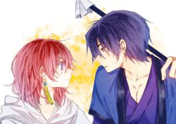 Rule 34 | 0819 chii, 1boy, 1girl, akatsuki no yona, black hair, blue eyes, blush, closed mouth, frown, hak (akatsuki no yona), hetero, highres, looking at another, multicolored background, open mouth, purple eyes, red hair, short hair, white background, yellow background, yona (akatsuki no yona)