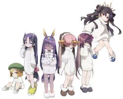 Rule 34 | 6+girls, aged down, amana (pocketkey), animal ears, animal slippers, aran sweater, blonde hair, blush, bunny slippers, cable knit, dark-skinned female, dark skin, earrings, facial mark, fate/apocrypha, fate/grand order, fate (series), frankenstein&#039;s monster (fate), green hat, hair between eyes, hat, highres, hoop earrings, horns, ishtar (fate), jackal ears, jewelry, knees together feet apart, layered sleeves, long hair, long sleeves, medjed (fate), minamoto no raikou (fate), multiple girls, nitocris (fate), paul bunyan (fate), paw shoes, pink hair, purple eyes, purple hair, red eyes, scathach (fate), shoes, short over long sleeves, short sleeves, simple background, single horn, sitting, slippers, socks, standing, sweater, tohsaka rin, two side up, very long hair, white background, white legwear, white sweater