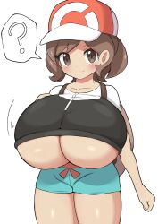 Rule 34 | 1girl, ?, arm at side, backpack, bag, baseball cap, blue shorts, blush, breasts, brown eyes, brown hair, closed mouth, collarbone, creatures (company), elaine (pokemon), female focus, game freak, hat, highres, huge breasts, jaga334, looking at viewer, nintendo, oppai loli, pokemon, pokemon lgpe, shiny clothes, short hair, short sleeves, shorts, simple background, smile, solo, speech bubble, split mouth, spoken question mark, standing, two-tone shirt, underboob, white background
