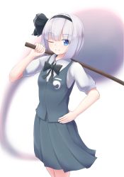 Rule 34 | 1girl, arm up, black bow, black bowtie, blue eyes, bokken, bow, bowtie, commentary request, cowboy shot, floating clothes, green skirt, green vest, hair ribbon, hand on own hip, highres, konpaku youmu, konpaku youmu (ghost), light smile, looking at viewer, one eye closed, partial commentary, pleated skirt, puffy short sleeves, puffy sleeves, resa 7z (resastr), ribbon, shirt, short hair, short sleeves, silver hair, simple background, skirt, solo, standing, sword, touhou, vest, weapon, white background, white shirt, wooden sword