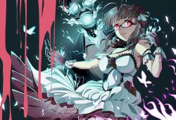 Rule 34 | 1girl, 1other, akizuki ritsuko, alternate costume, alternate eye color, armband, bare arms, bare shoulders, black gloves, blood, blue fire, braid, breasts, brown hair, bug, butterfly, commentary request, dancing, dress, dripping, fire, flower, formal, frilled gloves, frills, glasses, gloves, hadaka megane, hair up, highres, idolmaster, idolmaster (classic), idolmaster million live!, idolmaster million live! theater days, bug, medium breasts, official alternate costume, purple fire, rose, skeleton, smile, spider web print, suit, twin braids, white dress