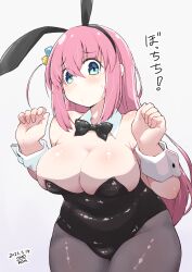 Rule 34 | !, 1girl, absurdres, alternate breast size, animal ears, artist name, bare shoulders, black hairband, black leotard, blue eyes, blush, bocchi the rock!, bow, bowtie, breasts, cameltoe, cleavage, commentary request, covered navel, cowboy shot, dated, detached collar, fake animal ears, gotoh hitori, gradient background, grey background, hair between eyes, hair ornament, hairband, highres, large breasts, leotard, long hair, looking at viewer, omo-rom, outline, pantyhose, parted lips, pink hair, playboy bunny, plump, rabbit ears, sidelocks, simple background, solo, strapless, strapless leotard, sweatdrop, tareme, tearing up, thick thighs, thighs, translated, very long hair, white background, white outline, wrist cuffs