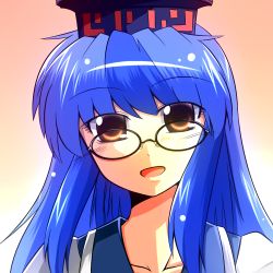 1girl bespectacled blue_hair brown_eyes female_focus glasses hat kamishirasawa_keine long_hair portrait solo sora_no_amagumo touhou