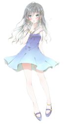 Rule 34 | 1girl, anklet, blue dress, blush, dress, finger to mouth, green eyes, grey hair, hair ornament, highres, hiro (hirohiro31), jewelry, long hair, looking at viewer, original, solo, star (symbol), star hair ornament, strap slip, white background