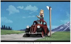 Rule 34 | 10s, 1girl, bad id, bad twitter id, blonde hair, blush, car, commentary request, detached sleeves, highres, kantai collection, kitsuneno denpachi, landscape, left-hand drive, map, miniskirt, motor vehicle, mountain, pantyhose, purple eyes, road, road sign, sign, skirt, solo, translation request, tree, vehicle, vehicle focus, wavy hair, zara (kancolle)