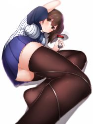 Rule 34 | 10s, 1girl, arm up, ass, barcode scanner, blush, boruhis, breasts, brown eyes, brown hair, brown thighhighs, cable, employee uniform, flat ass, kaga (kancolle), kantai collection, large breasts, lawson, looking at viewer, matching hair/eyes, no shoes, shadow, short hair, side ponytail, simple background, skirt, solo, thighhighs, uniform, white background