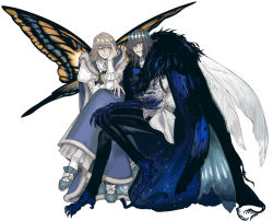 Rule 34 | 2boys, blue eyes, bug, butterfly wings, cape, closed mouth, crown, diamond hairband, fate/grand order, fate (series), fur-trimmed cape, fur trim, grey hair, insect wings, kaifei (kaifei 29), long hair, long sleeves, looking at viewer, male focus, multiple boys, oberon (fate), oberon (third ascension) (fate), open mouth, shirt, smile, spoilers, white shirt, wings