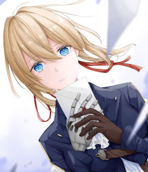 Rule 34 | 1girl, absurdres, arno (ft3014), artist name, bad id, bad pixiv id, blonde hair, blue eyes, blue jacket, brown gloves, closed mouth, dutch angle, floating hair, gloves, hair between eyes, hair ribbon, highres, holding, holding letter, jacket, letter, long sleeves, looking at viewer, prosthesis, prosthetic hand, red ribbon, ribbon, short hair, smile, solo, upper body, violet evergarden, violet evergarden (series)