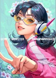 Rule 34 | 1girl, artist request, black hair, collaboration, commentary, d.va (overwatch), english commentary, flower, glasses, logo, looking at viewer, official alternate costume, official art, overwatch, overwatch 2, pink shirt, pink sleeves, shirt, short hair, simple background, smile, solo, upper body, v, white flower