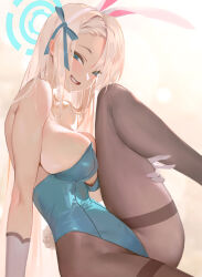 Rule 34 | 1girl, animal ears, asuna (blue archive), asuna (bunny) (blue archive), bare shoulders, blonde hair, blue archive, blue eyes, blue leotard, breasts, fake animal ears, grin, halo, highleg, highleg leotard, highres, large breasts, leg up, leotard, looking at viewer, midfinger, official alternate costume, pantyhose, playboy bunny, rabbit ears, sitting, smile, solo, strapless, strapless leotard, thighband pantyhose