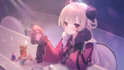Rule 34 | 1girl, ahoge, animal hands, between fingers, black gloves, blush, braid, breasts, brown hair, bun cover, cigarette, closed mouth, commentary request, copyright request, cup, double bun, dress, drink, drinking glass, gloves, hair bun, hair rings, holding, ice, ice cube, long hair, long sleeves, looking at viewer, medium breasts, official art, on chair, paw gloves, red dress, red eyes, single hair intake, smoke, smoking, solo, suzumori uina, upper body, very long hair, virtual youtuber, wide sleeves