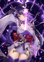 1girl braid breasts bridal_gauntlets cleavage electricity genshin_impact hair_ornament highres japanese_clothes katana kimono large_breasts long_hair long_sleeves looking_at_viewer low-braided_long_hair low-tied_long_hair mole mole_under_eye musou_isshin_(genshin_impact) obi off_shoulder purple_eyes purple_hair purple_kimono purple_thighhighs raiden_shogun ryuuneart sash shrug_(clothing) solo sword thighhighs thighs very_long_hair weapon wide_sleeves