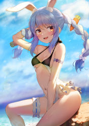 Rule 34 | 1girl, :d, absurdres, animal ear fluff, animal ears, arm up, armlet, armpits, bare shoulders, between legs, blue hair, blue sky, blush, breasts, carrot hair ornament, casual one-piece swimsuit, cleavage, cloud, day, feet out of frame, food-themed hair ornament, frilled swimsuit, frills, hair ornament, hand between legs, hand in own hair, highres, hololive, horizon, kokono (kokonokami), lens flare, looking at viewer, medium breasts, multicolored hair, navel, ocean, on rock, one-piece swimsuit, open mouth, outdoors, rabbit-shaped pupils, rabbit ears, red eyes, rock, sidelocks, sitting, sky, smile, solo, stomach, swimsuit, symbol-shaped pupils, thick eyebrows, thigh strap, thighs, two-tone hair, usada pekora, virtual youtuber, white hair