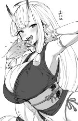 Rule 34 | 1girl, absurdres, ahoge, armpits, blunt bangs, blush, breasts, cleavage, fangs, fingernails, greyscale, hand in own hair, highres, horns, hotate-chan, huge breasts, jewelry, large breasts, licking finger, long fingernails, long hair, looking at viewer, monochrome, oni horns, open mouth, original, pointy ears, ring, saliva, sash, solo, tongue, tongue out, upper body, very long hair